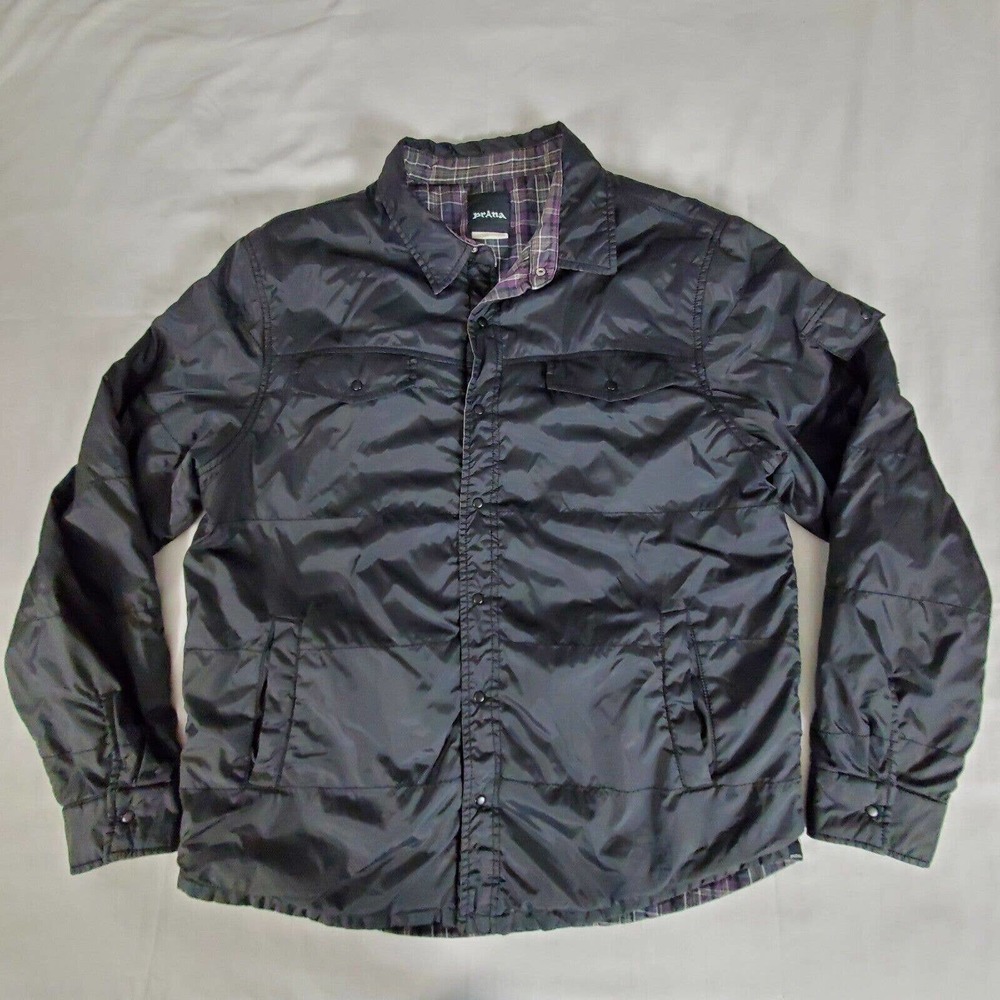 prAna Snap Front Shirt Mens Large Purple Black Plaid.